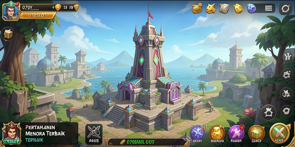 Tampilan gameplay 070SLOT yang menampilkan benteng dan menara pertahanan.