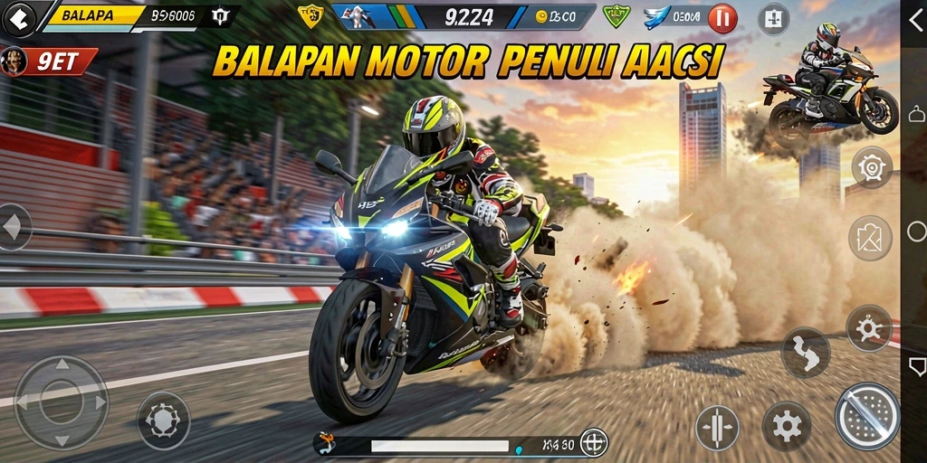 Tangkapan layar gameplay balapan motor yang mendebarkan.
