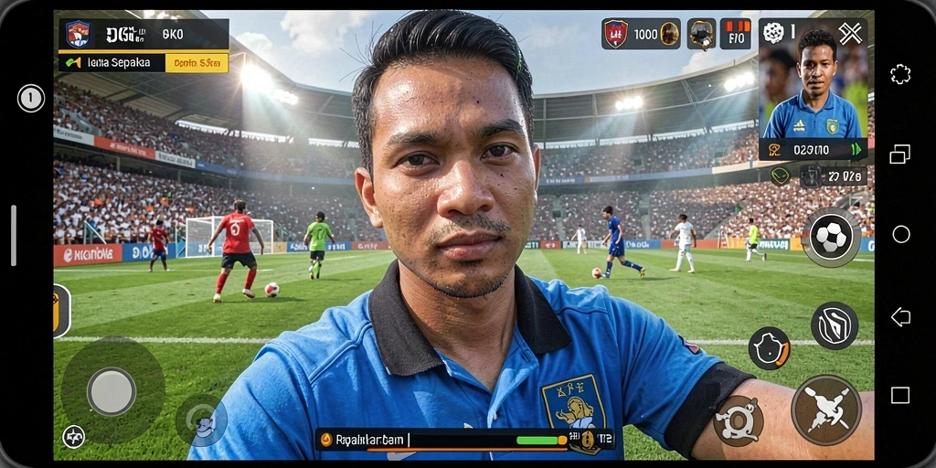 Screenshot menunjukkan aksi bermain sepakbola yang dinamis dan realistis.