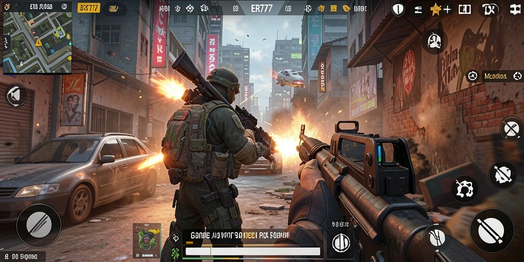 Gameplay ER777 yang penuh aksi tembak menembak di medan perang.