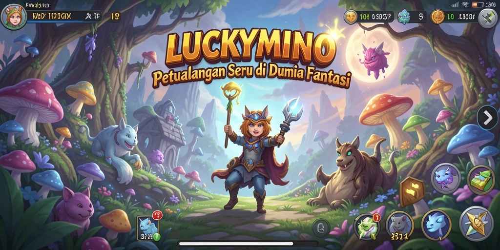 Tangkapan layar LUCKYMINO menampilkan aksi petualangan seru.
