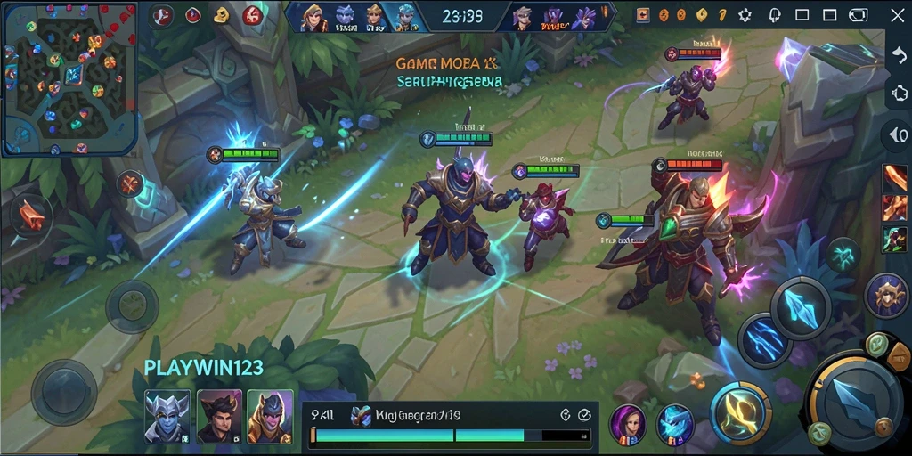 Tangkapan layar utama <strong>PLAYWIN123</strong> menampilkan pertempuran seru dalam gaya MOBA.