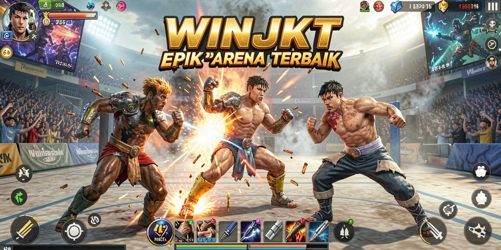 Tampilan gameplay <strong>WINJKT</strong> yang intens dan menegangkan di arena pertarungan.
